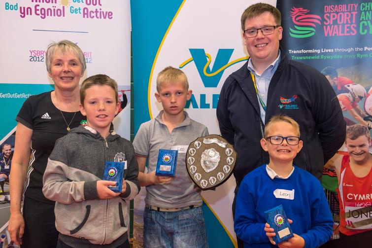 Valeros Will James is pictured with competitors at this years schools Boccia Tournament in Milford Haven Leisure Centre.