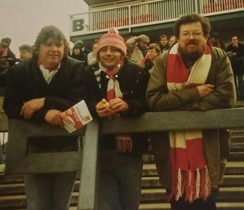 Mike (middle) enjoying an England v Wales chash with friends on the terraces at Twickenham