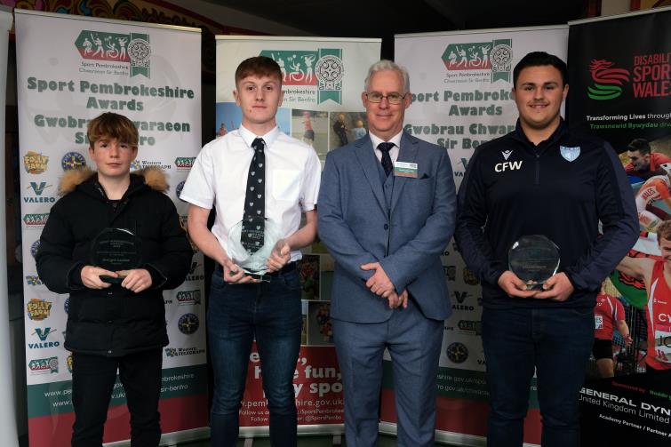 Boys (U16) Sporting Achievement - Pictured is winner Oscar Willington with finalists Macsen Barber and Callum White and Stephen Thornton of Valero. 