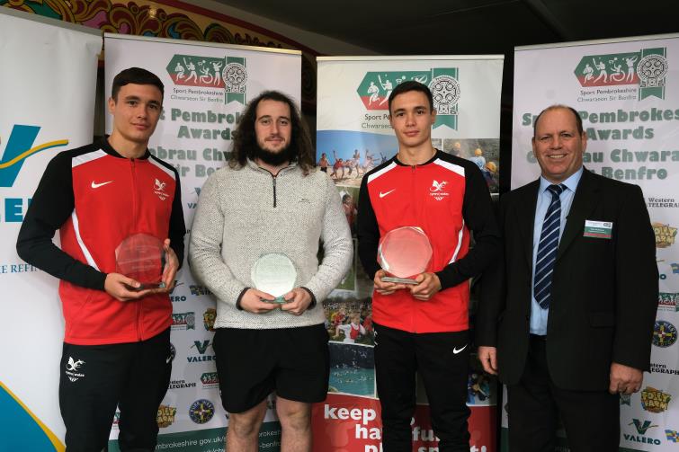 Male Sporting Achievement Pictured is winner Ioan Croft with finalists Garan Croft and Dafydd Pawlett and Paul Robinson of Pembrokeshire College. 