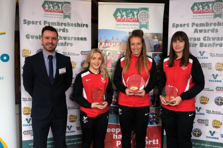 Female Sporting Achievement - Pictured is winner Heather Lewis with finalists Ashleigh Barnikel and Ysie White and Matt Freeman of Sport Pembrokeshire. 