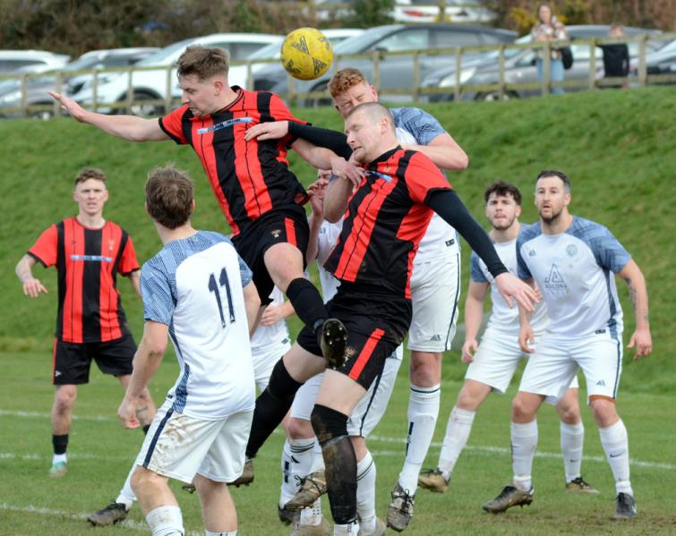 Goalmouth action between Fishguard Sports against derby rivals Goodwick United