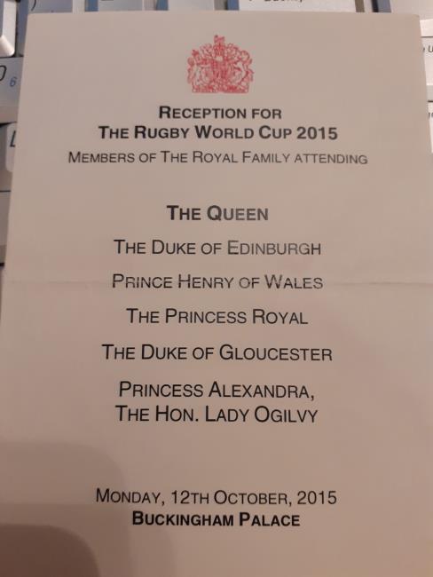 Reception invitation for The Rugby World Cup 2015