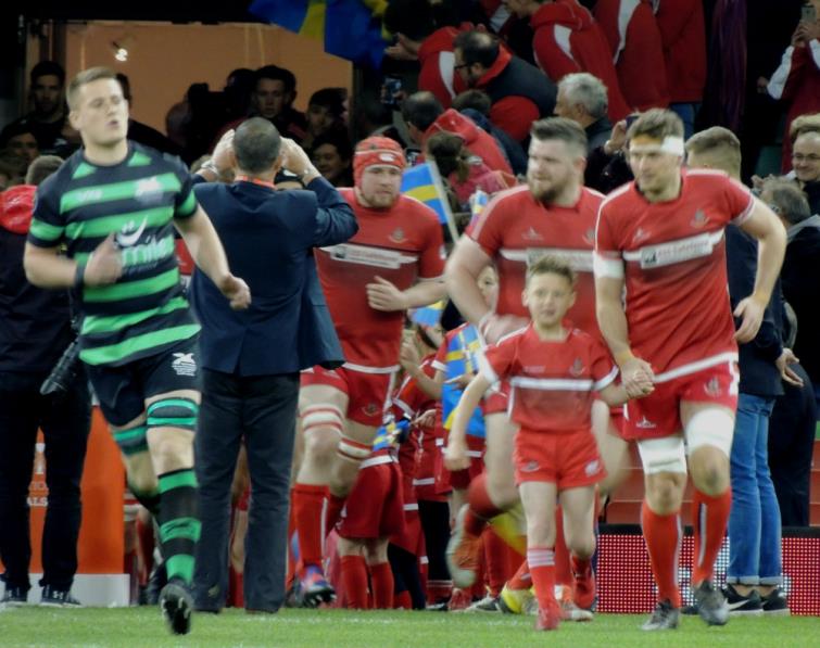 Scott Powell leads Pembroke out onto the Principality Stadium in the WRU Bowl Final