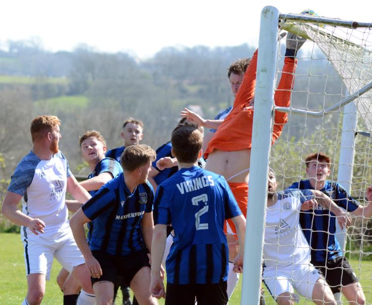 Hakin United 2nds put under pressure from a corner against Fishguard Sports. Picture Gordon Thomas