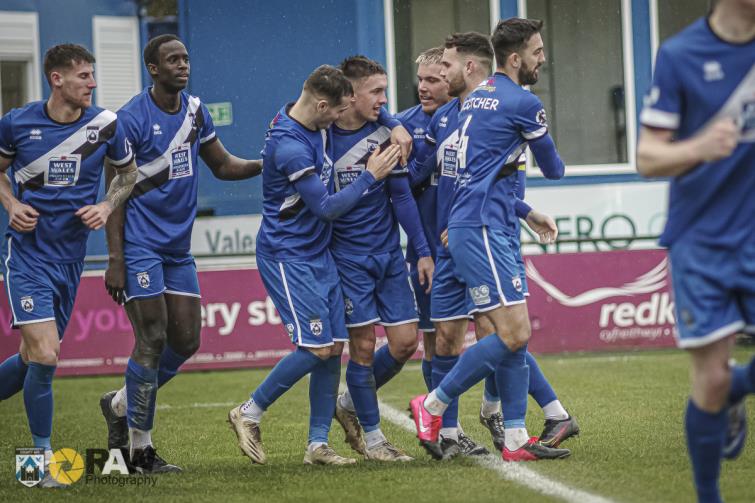 Players congratulate two-goal hero Ben Fawcett
