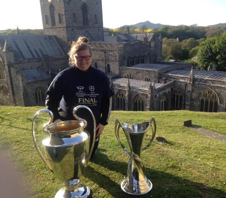 Eleri promoting footall at St Davids Cathedral