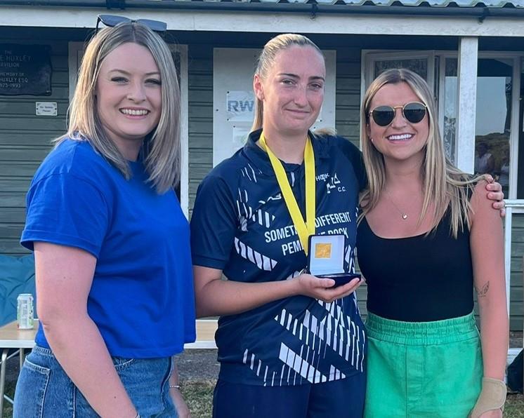 Player of the Match - Kacey Arran with adjudicators Rhiannon Morgan and Olivia James