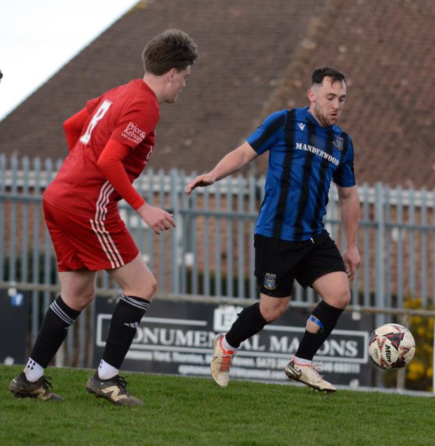 Alfie Stotter - scored with a neat lob for the third goal for Hakin United against Carew at the Obs. Picture Gordon Thomas