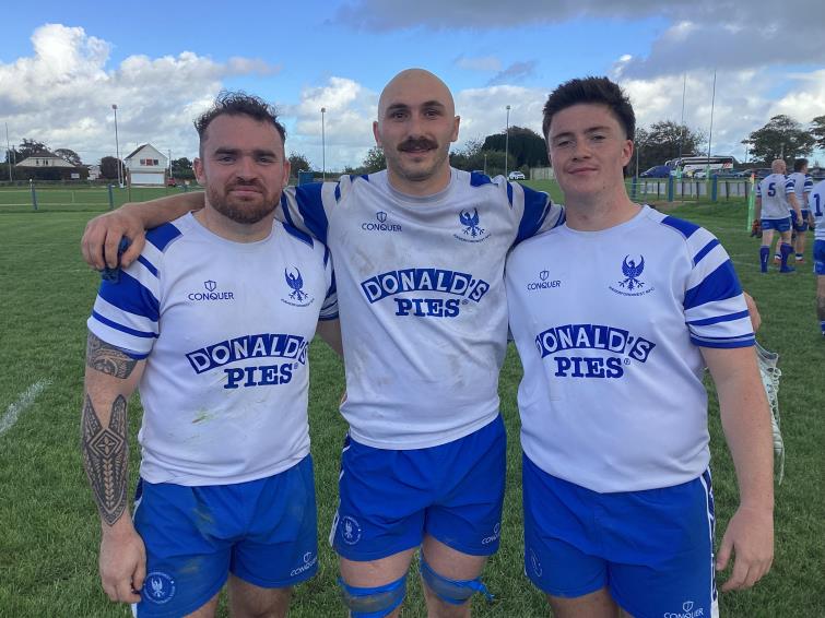 Haverfordwest try scorers Luke Dyer, James Hart, and Harri Evans