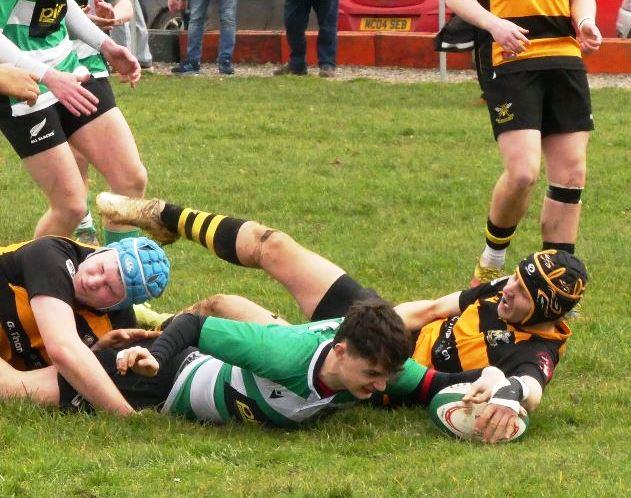 Tyler Reynolds pounces for a try for Whitland