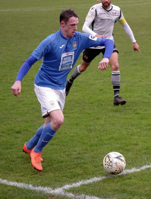 Haverfordwest County goal hero Jack Wilson in action