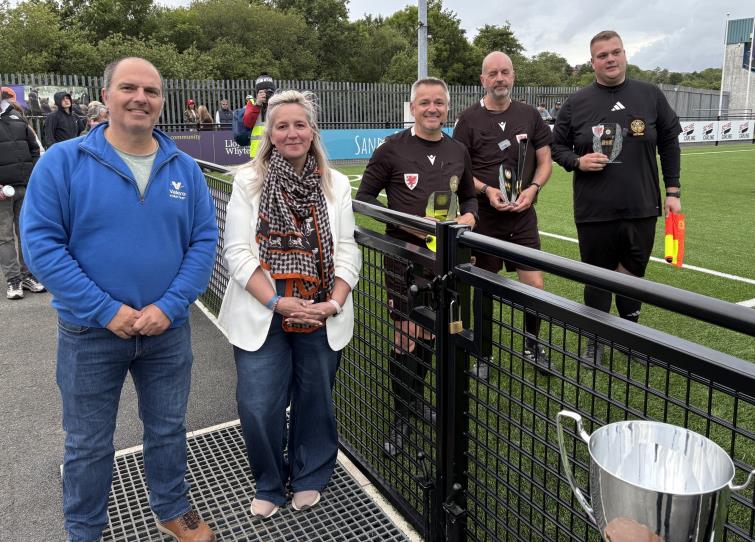 Hwel Gibbs (Valero) and Nicola Harteveld with officials Neill Crawshaw, Dave Badger and Scott Trayherne