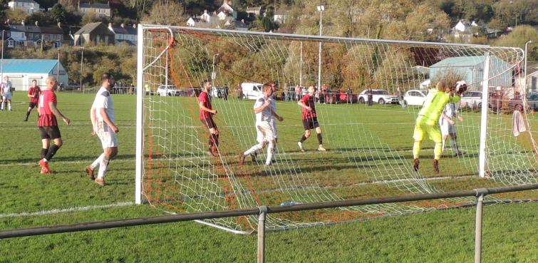 Clydach keeper Dean Morgan saves at his near post