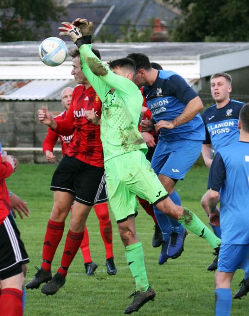 Monkton keeper Tom Gullam is strong at a corner. Picture Susan McKehon