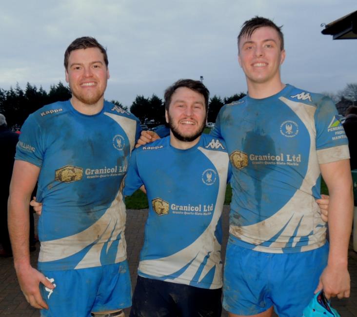Try scorers Adam Clark, Rhys Baker and Kyle Williams