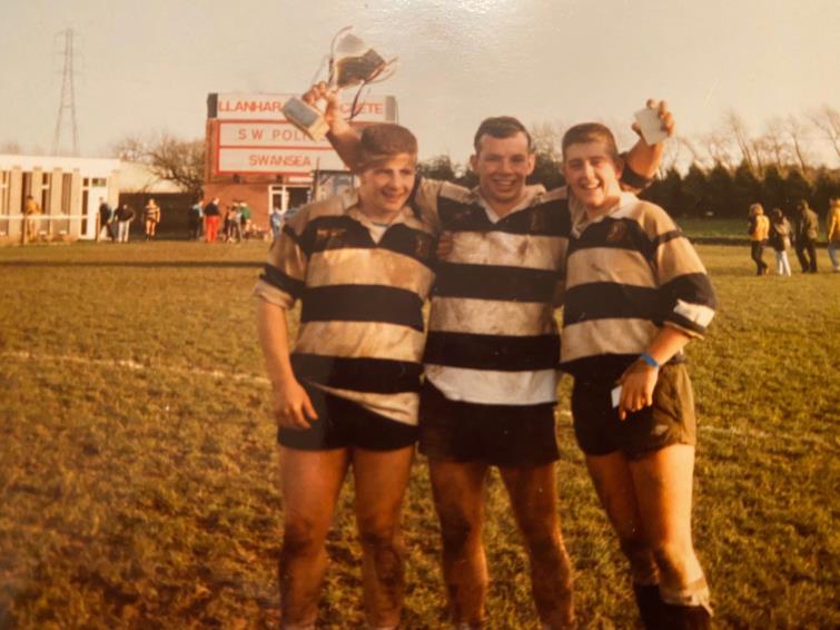 Richard celebrating the county youth winning the Welsh Youth Cup with Neil Humphreys and Daryl Williams