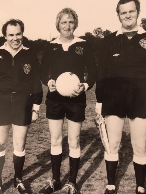 Barry as linesman to Pedr McMullen at a charity match for the Bradford City Fire Disaster Fund (Colin Williams as other official)