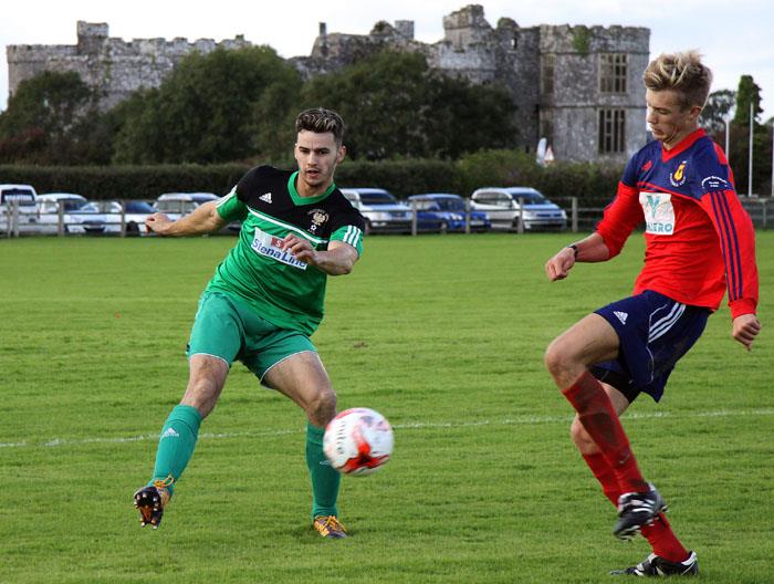 Ben John crosses the ball into the box for Goodwick at Carew