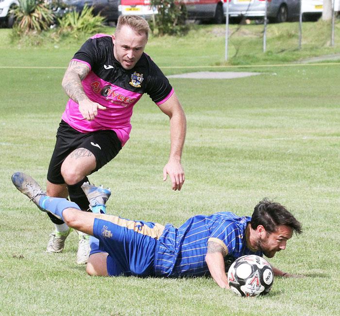 Billy Davis (in action earlier in season against Kilgetty) scored twice for The Swifts in derby win over Pennar