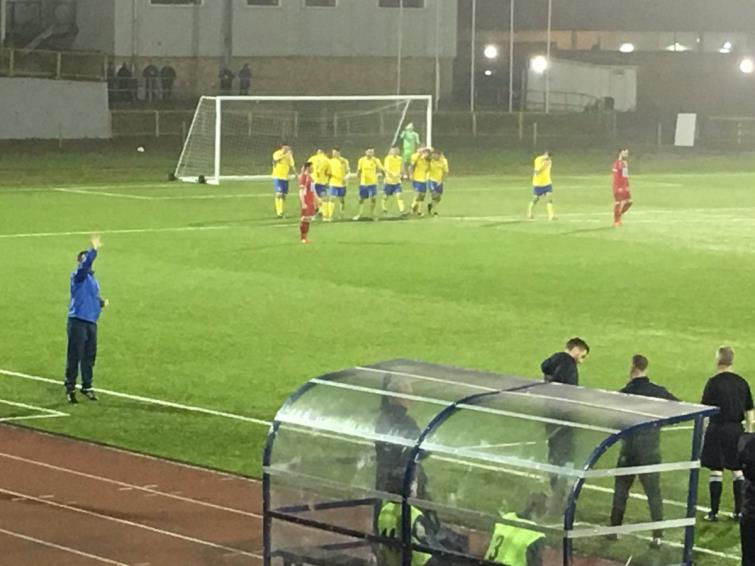 Barry Town United celebrate scoring against Haverfordwest County at Jennar Park