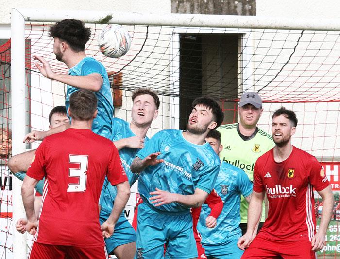 Goalmouth action between Carew and Pennar Robins. Picture Susan McKehon