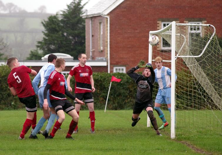 Frantic goalmouth action at Clarbeston Road