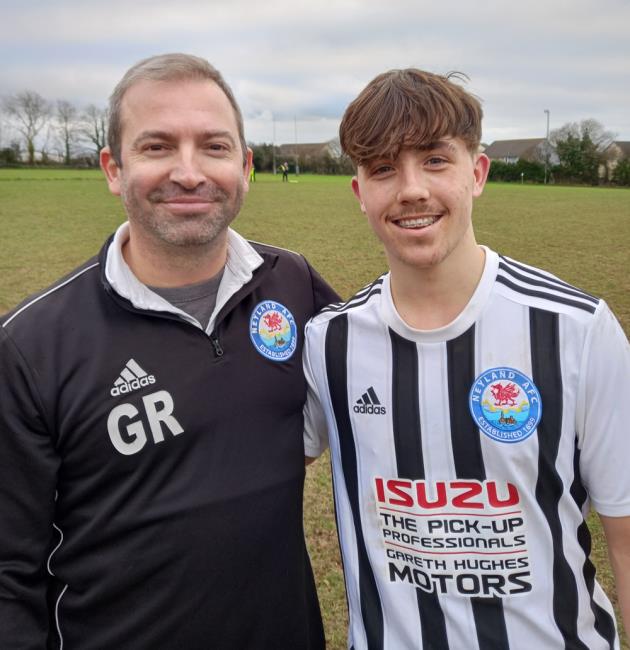 Neyland manager Gavin Rowland with goal hero Aidan Rees. Picture Martin Jones