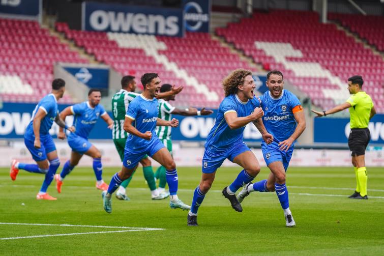 Greg Walters celebrates opening the scoring for Haverfordwest County at Parc y Scarlets