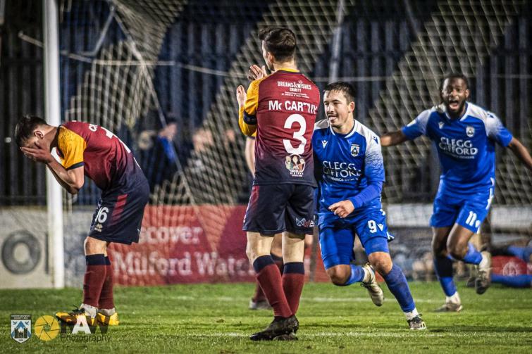 Ben Fawcett celebrates scoring the equaliser for Haverfordwest County against Cardiff Met. Picture Matthew Kelly of Rawphotography