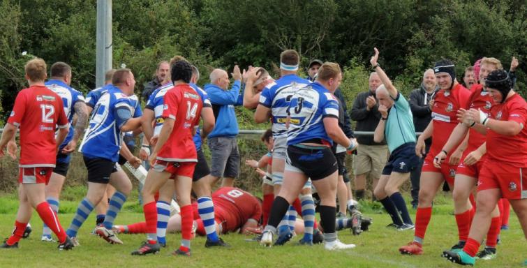 Ryan McVeigh ploughs over for what Fishguard thought was the winning score
