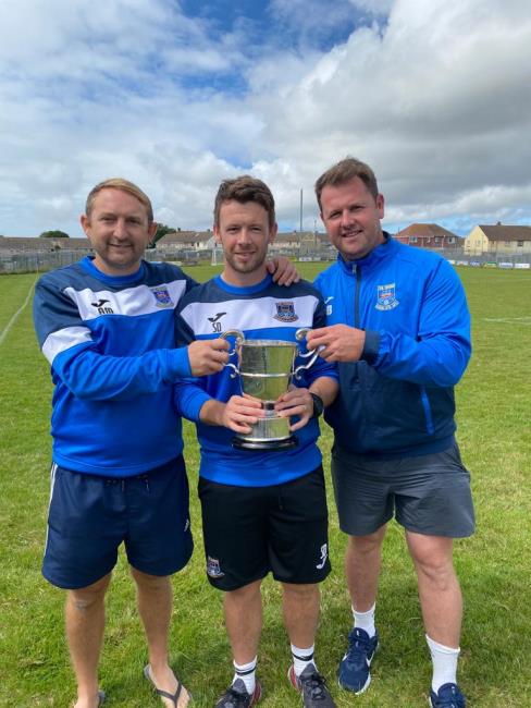 Hakin manager Scott Davies (centre) with assistants Leigh Broome (right) and Anthony Mayhew (left)