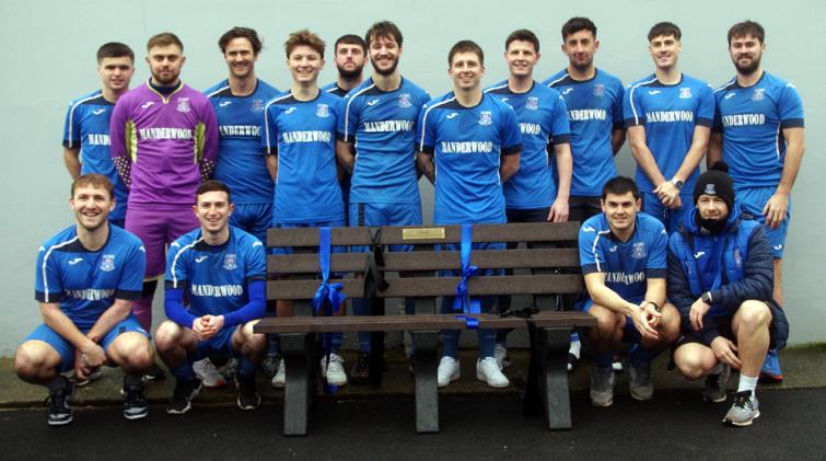Hakin United squad at the unveiling of the memorial Alan Roach seat at the Obs before heading off to Fishguard Sports
