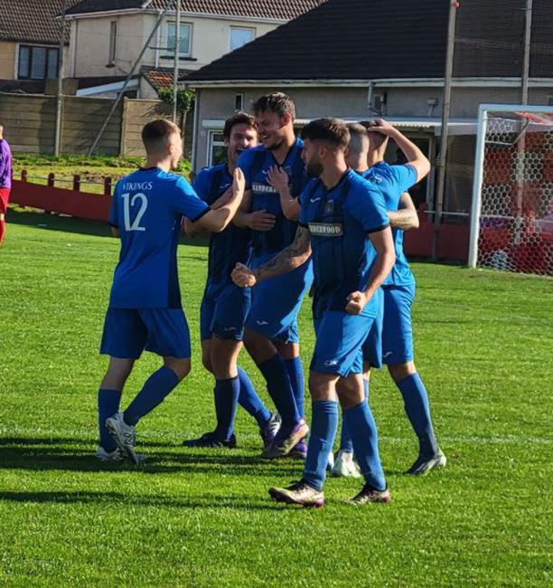 Hakin United celebrate the winner against Afan Lido. Picture Andrew Goffin