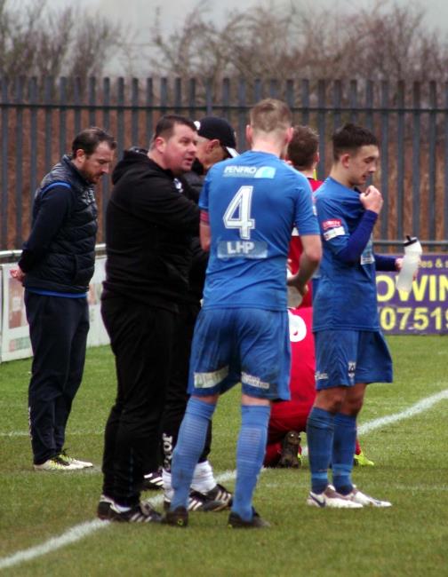 ​Manager Wayne Jones has a word with skipper Sean Pemberton