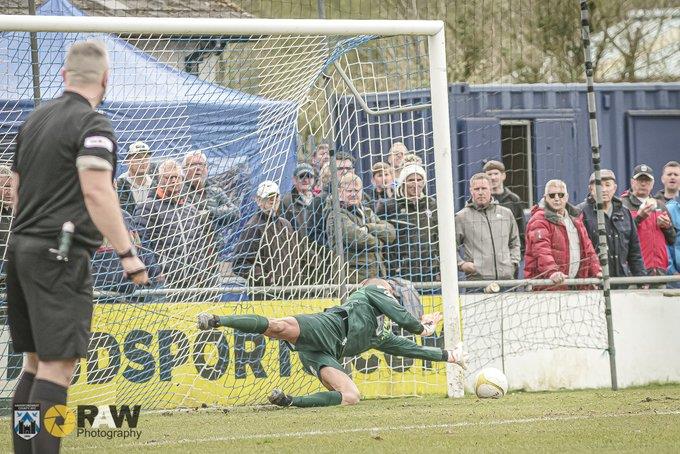 Lee Idzi saves a penalty for Bluebirds