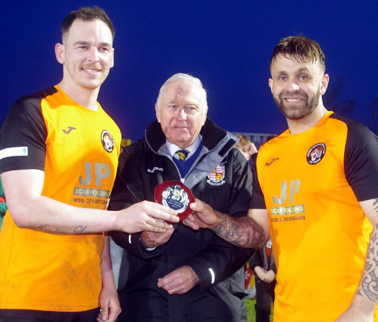 Joint Johnston winning managers Scott Crawford and Steve Allen with League Council chairman Mike John