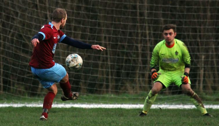 John Seeleys shot gives St Clears a 2-0 lead against Saundersfoot Sports