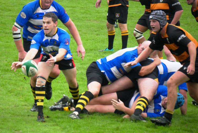 Llangwm get the ball away. Picture William John