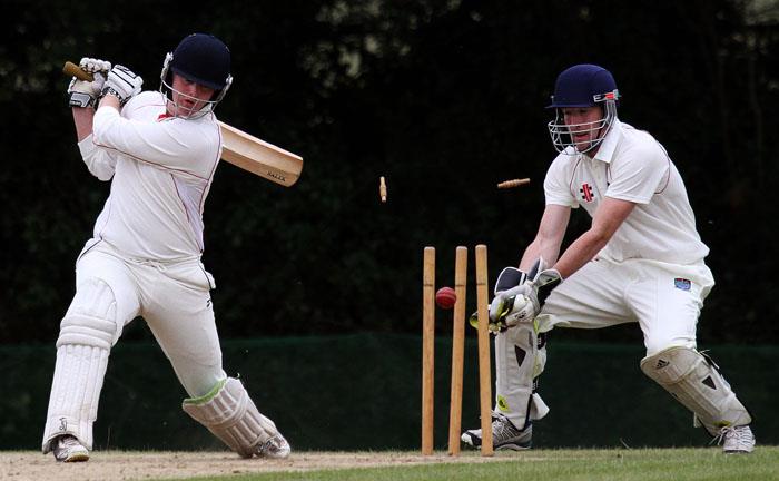 Luke Hicks is bowled by Man of the Match Jonathan Thomas