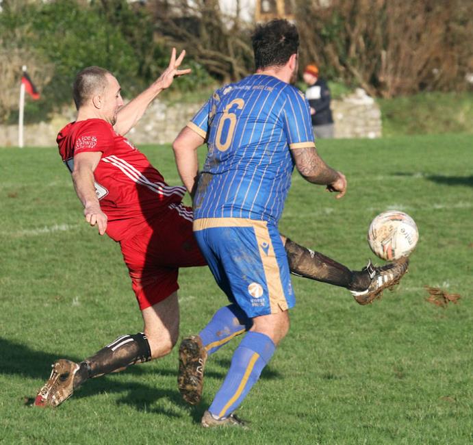 Carew hat-trick hero Marcus Griffiths in action against Kilgetty. Picture Susan McKehon