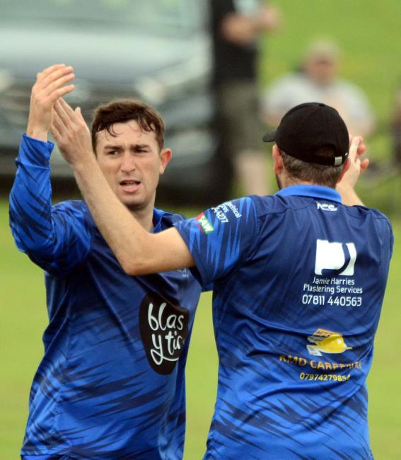 Town fast bowler Jake Merry celebrates taking five wickets. Picture Gordon Thomas