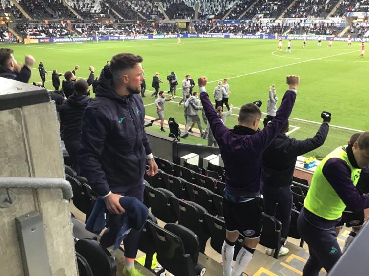 Swansea City bench celebrate at final whistle