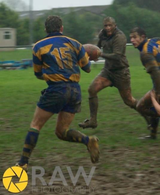 Daf Bowen - in full action for Haverfordwest caked in mud