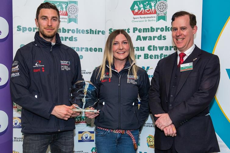 Team Achievement of the Year  Winners Sam and Daisy Coleman (Powerboating) are presented with their award by Valero’s Stephen Thornton. The finalists were Pembroke School Senior Netball Team 2016/17and Pembrokeshire Special Needs Gymnastics Club.