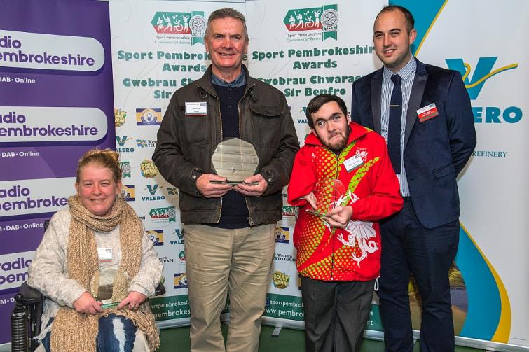 Disability Sport Award  - Winner Jack Lloyd (Bowls) displays his award for Disability Sports alongside Tom Rogers of Arriva Trains Wales. The finalists were Sian Jones (Boccia) and Raymond Lillycrop (Bowls).