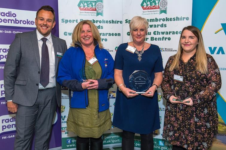Club Organiser of the Year -  Winner Mel Marshalsey (Netball) is presented with her award by Mark Lester from Radio Pembrokeshire. The finalists in the category were Megan Arthur (Cricket) and Simon Collings (Long Boat Rowing).