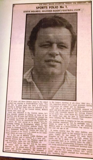 Paper cutting featuring Steve Holmes as the first Sports Folio article published in West Wales Guardian