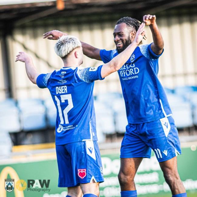 Goal scorers Rio Dyer and hat-trick hero Martell Taylor-Crossdale celebrate