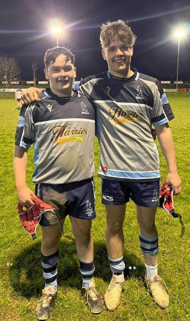 Wil Nicholas post-match with scrum half Elliot Evans